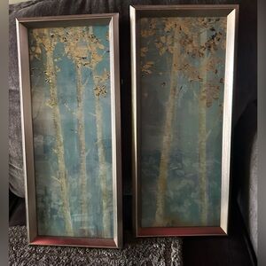 Framed Teal and Gold Birch Tree Wall Art - Set of 2